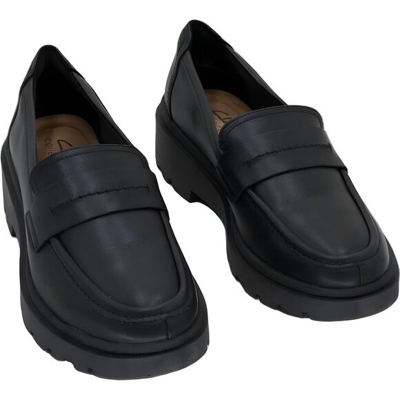 Clarks Calla Ease Black Leather Slip-On Loafers Chunky Sole Women's US 6M - Picture 1 of 6